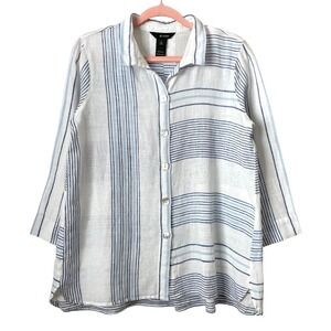 Ali Miles Top Womens Small White Blue Linen Cotton Striped Button Front Shirt